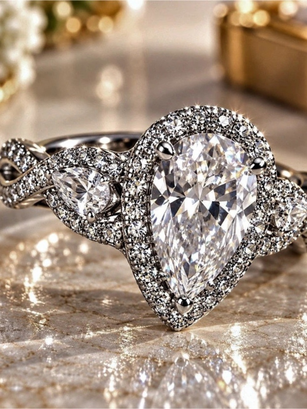 18K Gold Filled Pear Cut Halo Clear Stone Statement Ring Women’s Size 8
